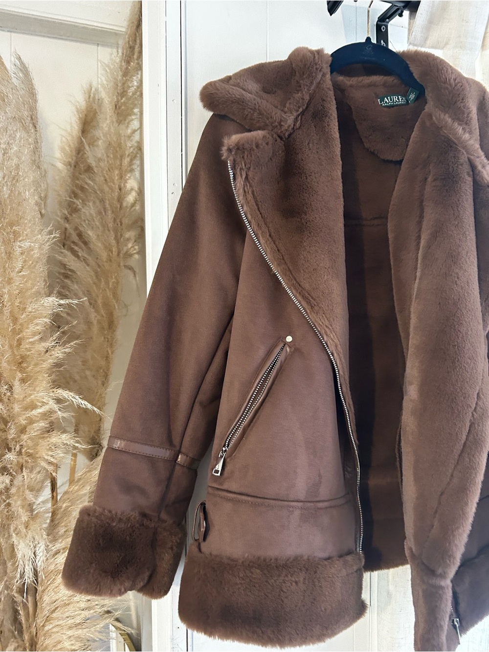 Lauren Ralph Lauren Brown Faux Suede Shearling Moto Jacket - Picture 2 of 9